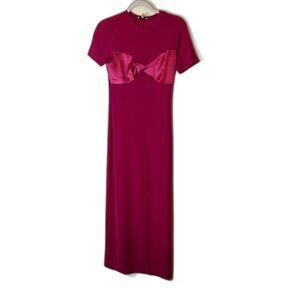 NSK Pink Ribbed Knit Midi Dress with Satin Bust Detail Fitted Bodycon - Size S